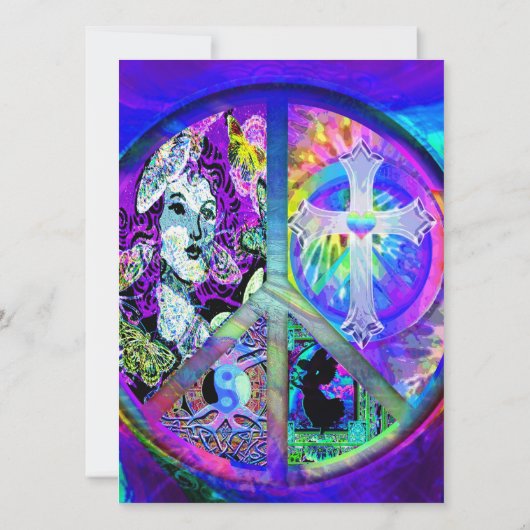 Groovy Looking Peace Symbol Collage Einladung (Rückseite)