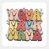 Groovy "Mama" with Wildflowers Quadratischer Aufkleber (Vorderseite)