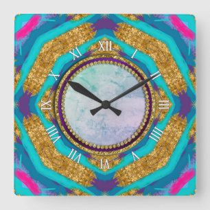Groovy Mandala Aqua Blue Lila Wall Clock Quadratische Wanduhr