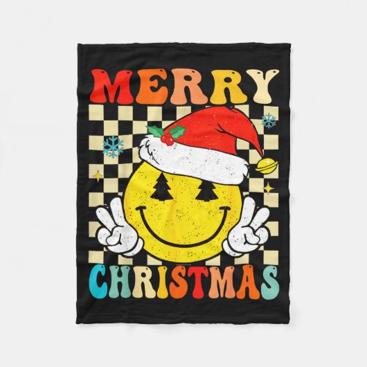 Groovy Merry Christmas Smile Face Santa Hat Xmas T Fleecedecke (Vorderseite)