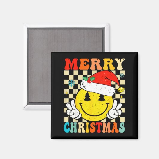 Groovy Merry Christmas Smile Face Santa Hat Xmas T Magnet (Vorderseite/Rückseite)