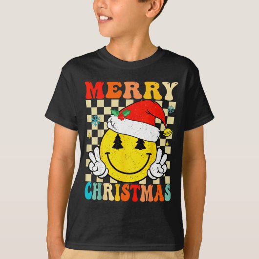 Groovy Merry Christmas Smile Face Santa Hat Xmas T T-Shirt (Vorderseite)
