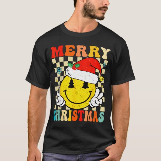 Groovy Merry Christmas Smile Face Santa Hat Xmas T T-Shirt (Vorderseite)