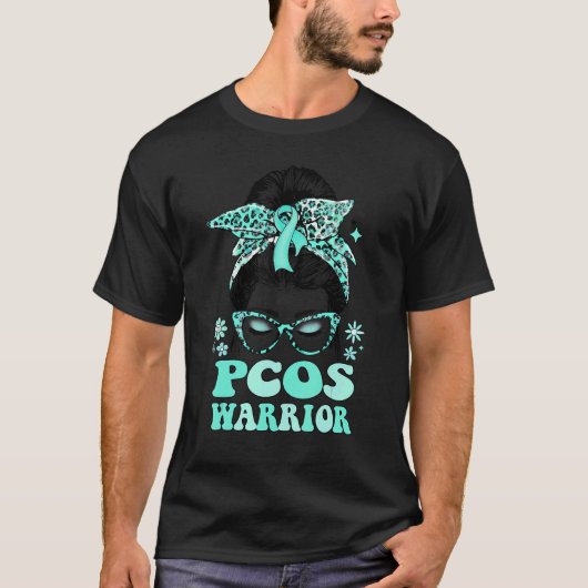 Groovy Messy Bun Leopard Teal Ribbon PCOS Warrior T-Shirt (Vorderseite)