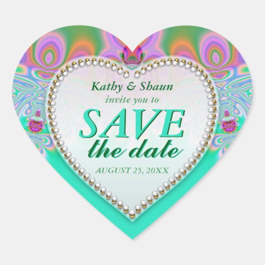 Groovy Mint & Pink Save the Date Heart Stickers (Vorderseite)