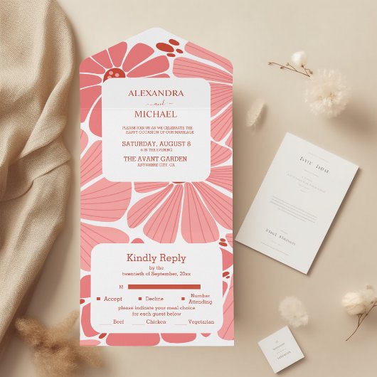 Groovy modern pink daisy wedding all in one einladung
