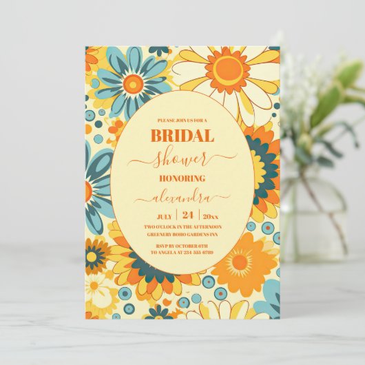 Groovy moderne, blumengelb & rosa Bridal Einladung (Stehend Vorderseite)