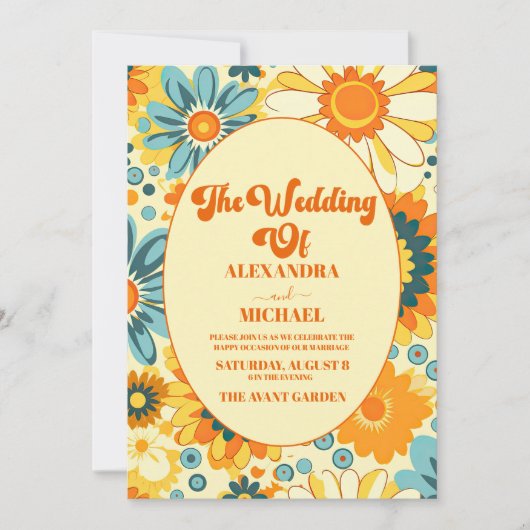 Groovy moderne, blumengelbe und orange Hochzeit Einladung (Vorderseite)