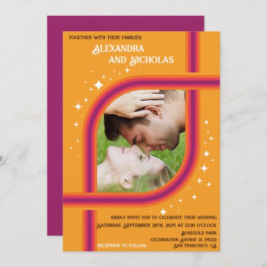 Groovy, modernes Retro Hochzeitsdesign Einladung (Vorne/Hinten)