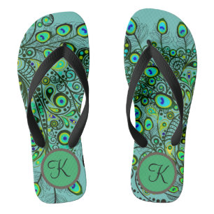Groovy Monogram Neon Green Peacock Feathers Dreh F Badesandalen