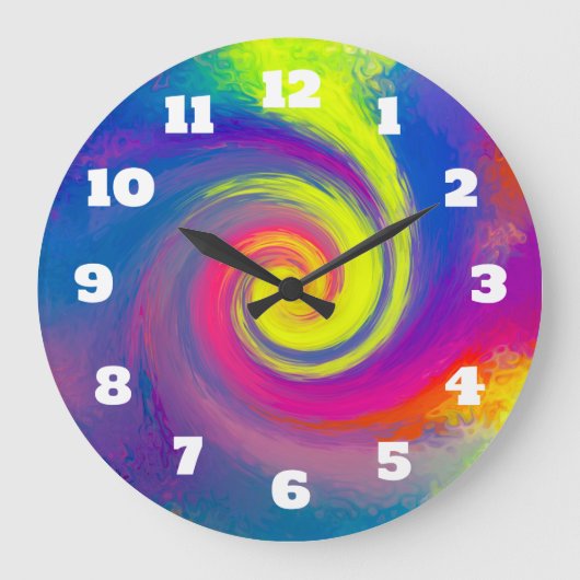 Groovy Multicolored Rainbow Abstrakt Spiral Swirl Große Wanduhr (Vorderseite)