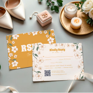 Groovy Mustard Floral Wedding RSVP Karte