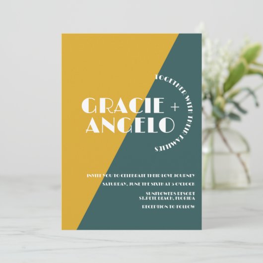 Groovy Mustard Green Two Tones Einladung zur Hochz (Stehend Vorderseite)
