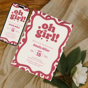 Groovy Oh Girl Retro Rosa 70er Baby-Party Einladung