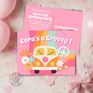 Groovy One 1. Geburtstag Einladungspostkarte