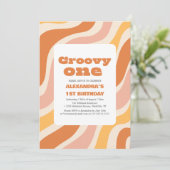Groovy One 1. Geburtstag Retro farbig Einladung (Stehend Vorderseite)