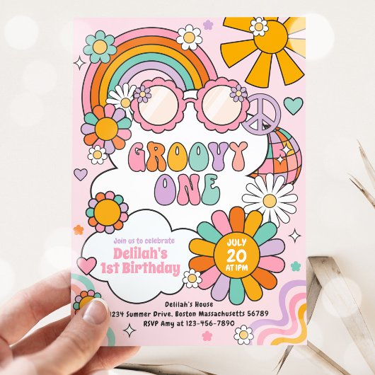 Groovy One 70er Blume Power Rainbow Birthday Party Einladung