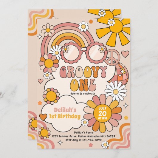 Groovy One 70s Flower Power Rainbow Birthday Party Einladung (Vorne/Hinten)