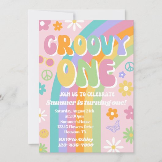 Groovy One Birthday Einladung (Vorderseite)