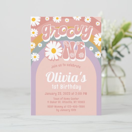 Groovy One Birthday Einladung Retro Rainbow Daisy (Stehend Vorderseite)