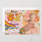 Groovy One Blume Geburtstag Foto Einladung (Vorne/Hinten)