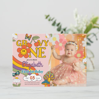 Groovy One Blume Geburtstag Foto Einladung