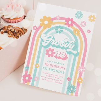 Groovy One Boho Daisy Rainbow 1. Geburtstag Party Einladung