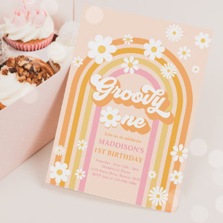 Groovy One Boho Daisy Rainbow 1. Geburtstag Party Einladung
