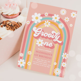 Groovy One Boho Daisy Rainbow 1. Geburtstag Party Einladung