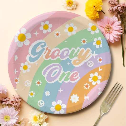 Groovy One Boho Daisy Rainbow Pappteller