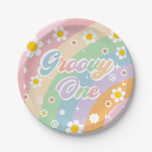 Groovy One Boho Daisy Rainbow Pappteller (Vorderseite)