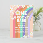 Groovy One boho daisy Regenbogen erster Geburtstag Einladung (Stehend Vorderseite)