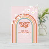 Groovy One boho daisy Regenbogen erster Geburtstag Einladung (Stehend Vorderseite)