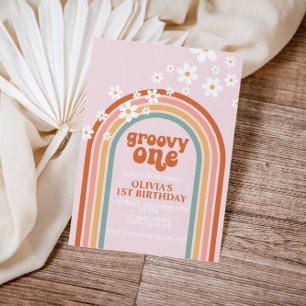 Groovy One boho daisy Regenbogen erster Geburtstag Einladung