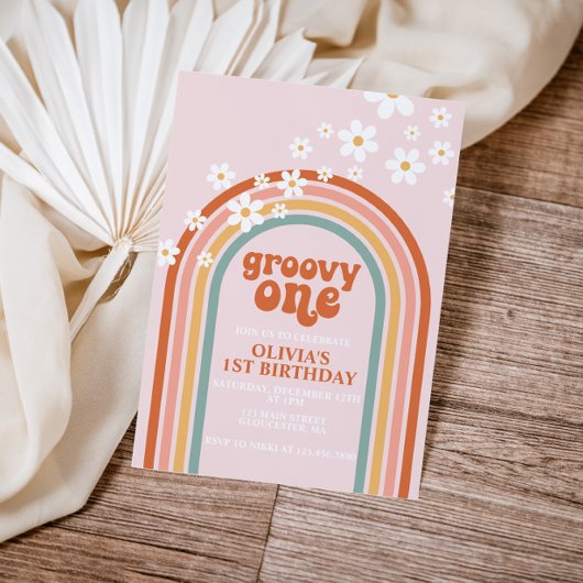 Groovy One boho daisy Regenbogen erster Geburtstag Einladung