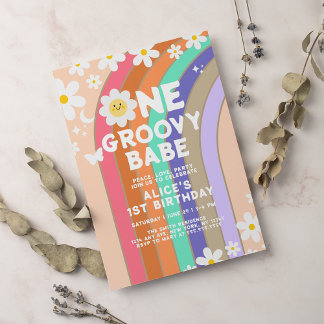 Groovy One boho daisy Regenbogen erster Geburtstag Einladung