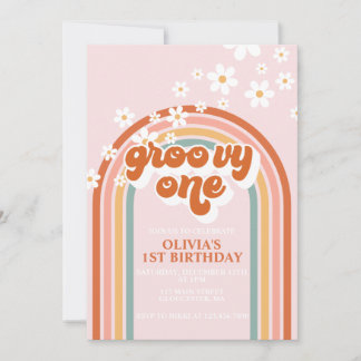 Groovy One boho daisy Regenbogen erster Geburtstag Einladung