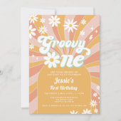 Groovy One Boho Retro Daisy Sunshine 1. Geburtstag Einladung (Vorderseite)