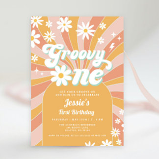 Groovy One Boho Retro Daisy Sunshine 1. Geburtstag Einladung