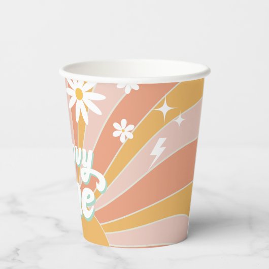 Groovy One Boho Retro Daisy Sunshine Floral Pappbecher (Rückseite)
