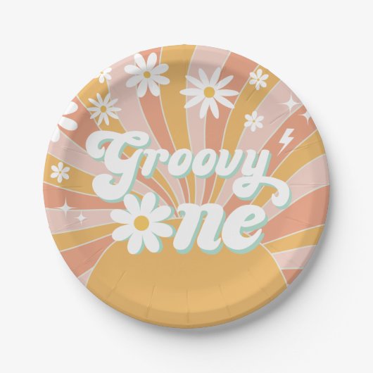 Groovy One Boho Retro Daisy Sunshine Floral Pappteller (Vorderseite)