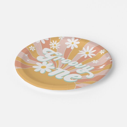 Groovy One Boho Retro Daisy Sunshine Floral Pappteller (Schrägansicht)