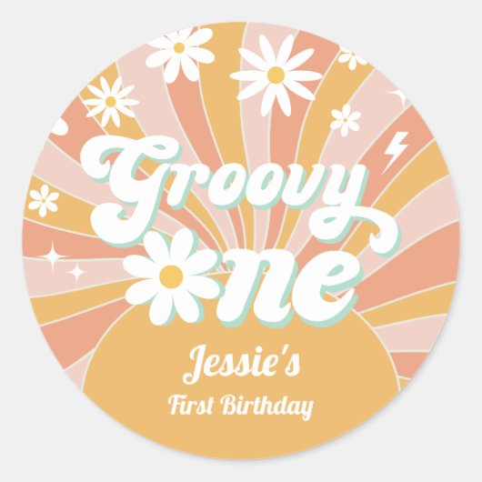 Groovy One Boho Retro Daisy Sunshine Floral Runder Aufkleber (Vorderseite)