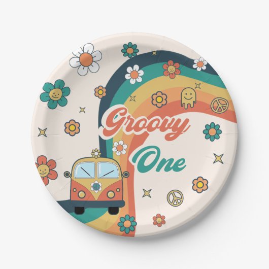 Groovy One Boho Retro Rainbow Birthday Party Pappteller (Vorderseite)