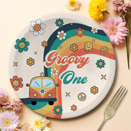 Groovy One Boho Retro Rainbow Birthday Party Pappteller