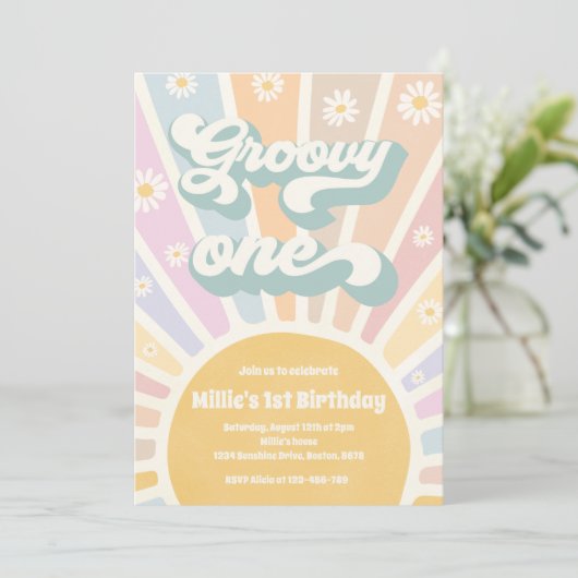 Groovy One Boho Sunshine Daisy Birthday Party Einladung (Stehend Vorderseite)