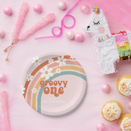 Groovy One daisy boho floraler Regenbogen 1. Gebur Pappteller (Party)
