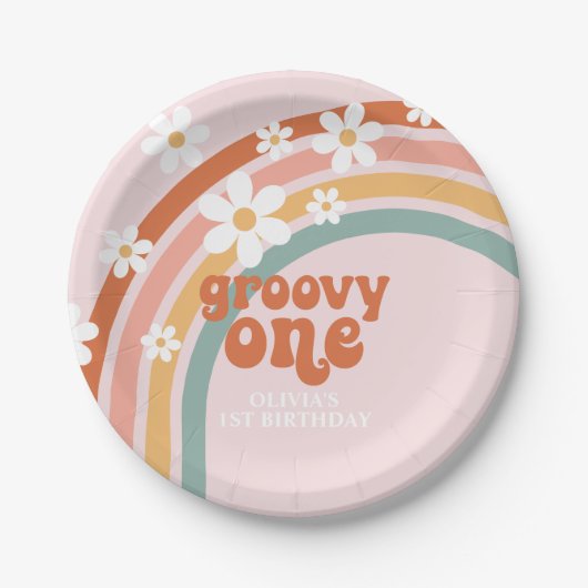 Groovy One daisy boho floraler Regenbogen 1. Gebur Pappteller (Vorderseite)