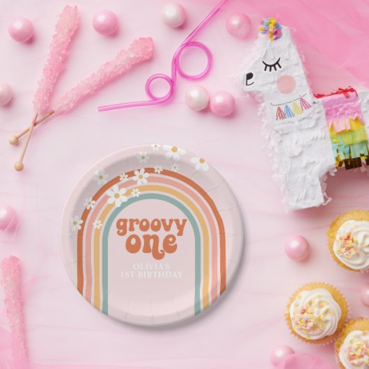 Groovy One daisy boho floraler Regenbogen 1. Gebur Pappteller (Party)