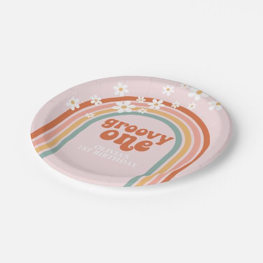 Groovy One daisy boho floraler Regenbogen 1. Gebur Pappteller (Schrägansicht)